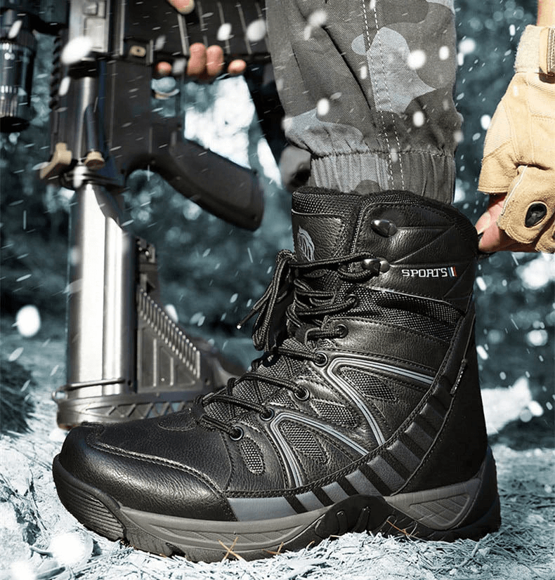 Waterproof leather military boots with anti-slip sole and plush lining in a snowy setting, perfect for cold weather.